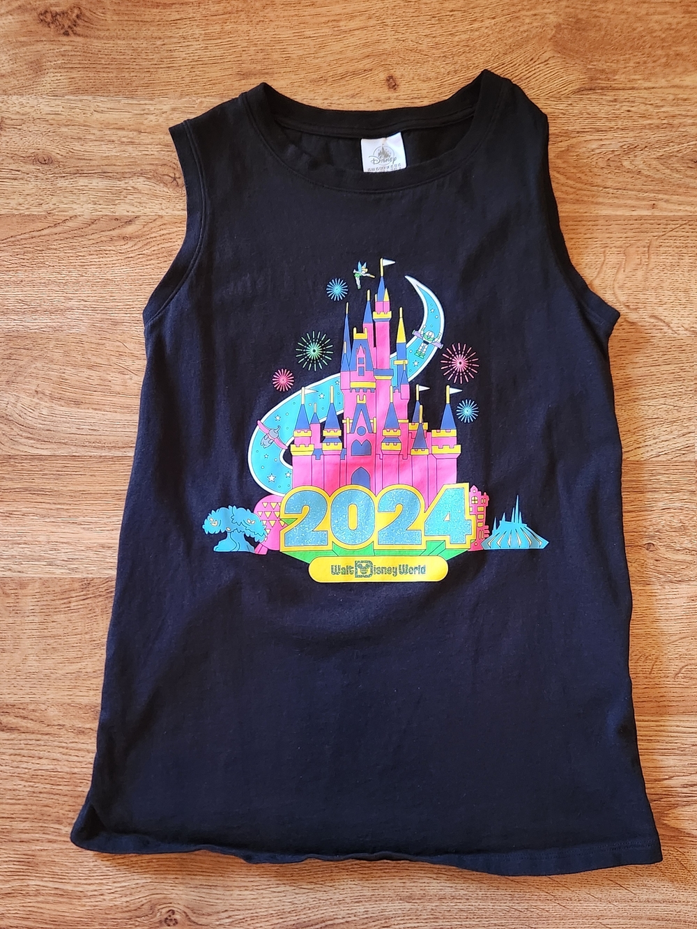 Disney World Black Tank Top with Pink & Blue Castle Graphic, Size XS